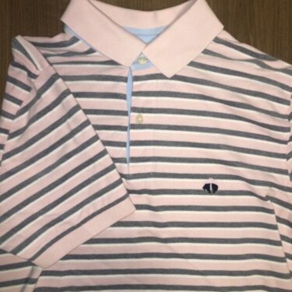 Brooks Brothers Polo Mens Pink Gray White Striped Short Sleeve Shirt L Slim Fit - Picture 1 of 8